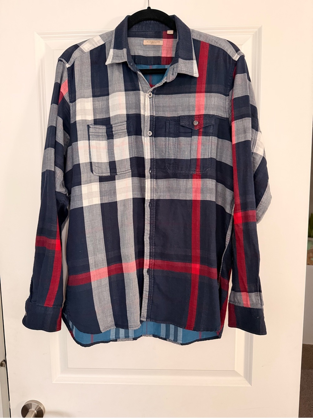 Burberry Navy, Red & White Plaid Button-Down Shirt